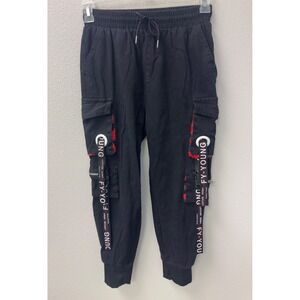 FY-YOUNG Mens Black Techwear Cargo Joggers Red Camo Straps S Streetwear Edgy